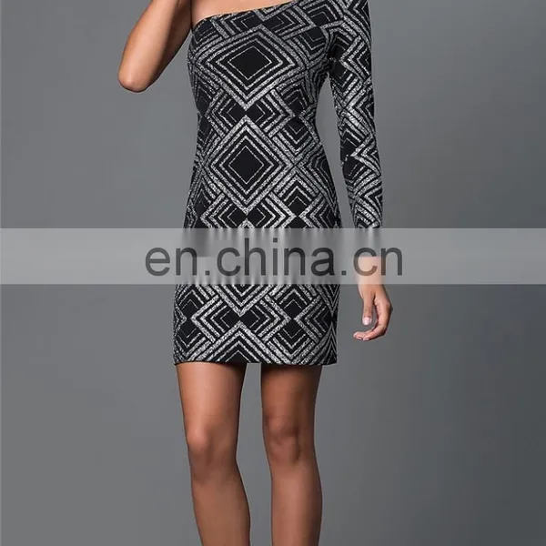 Wholesale One Sleeve Silver Glitter Print Dress Design Women Party Dresss photo-2