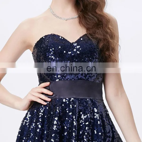 Grace Karin New Strapless Sweetheart Navy Blue Short Front Long Back Prom Dress With Shining Sequins CL6240 photo-4