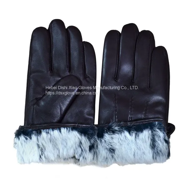 High Quality Sheepskin Leather Gloves With Rabbit Fur Lining Custom Men Black Gloves Winter Warm photo-2