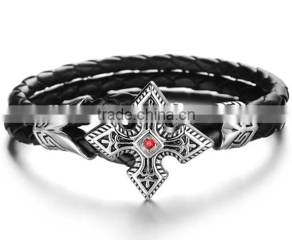 Genuine Cow Leather Weave Bracelets Titanium Steel Big Brand Vintga Antic Cross Man Bracelet photo-2