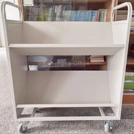 Custom Steel Library Trolley Supplier | HN-VC03 Silent V-shaped Book Cart | With Universal Flexible Wheels & Humanized Handrail photo-5