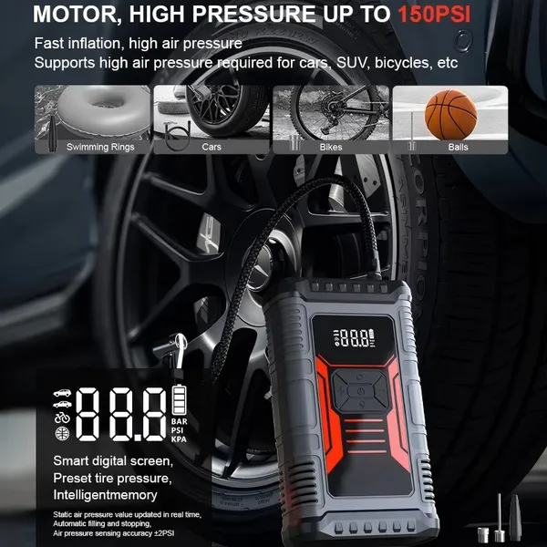 All-in-1 Roadside Tool Integrates a Car Jump Starter, Tire Inflator, Warning Light, Flashlight, Pressure Gauge, Air Pump, Ball Pump, and Power Bank photo-3