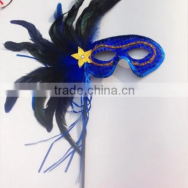 Wholesale Masquerade Masks With Stick Fashion Peacock Feather Christmas Venetian Party Mask With Stick for Sale 3colors photo-6