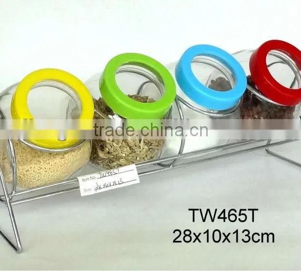 TW465T 4pcs glass spice rack set with metal rack