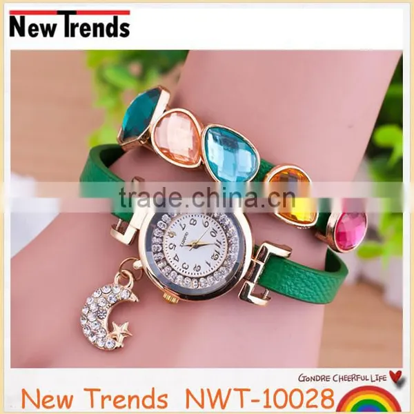 Best Seller Womens Fashion Moon Rhinestone Watches Wrap Leather Wristwatch photo-2
