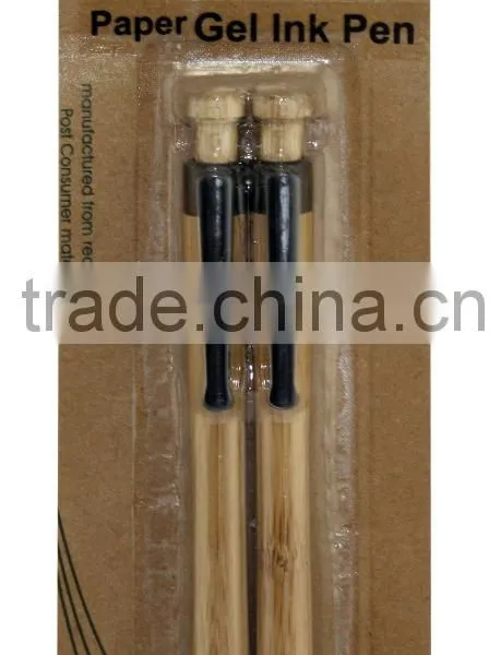 2pc black plastic clip bamboo barrel gel ink pen in blister card