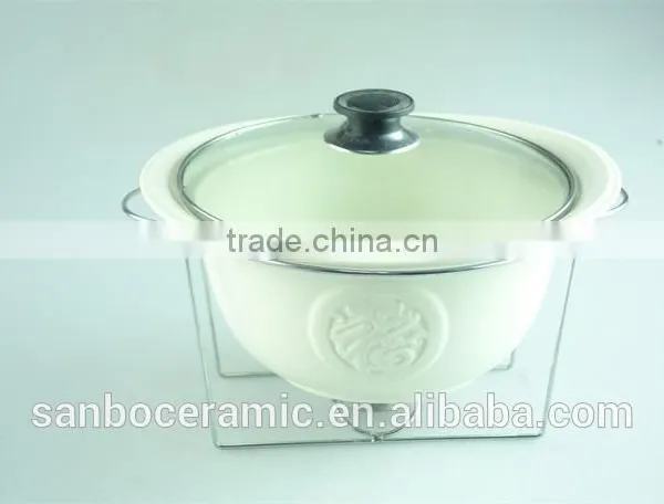 Ivory Oval Ceramic/porcelain Soup Tureen Pot Embossed With Glass Lid Metal Stand & Color Gift Box for Promotion photo-4