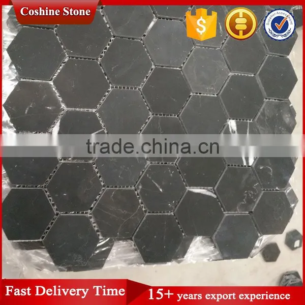 Honed Surface Hexagon Shaped Black Nero Marquina Marble Mosaic Art Floor Tile photo-2
