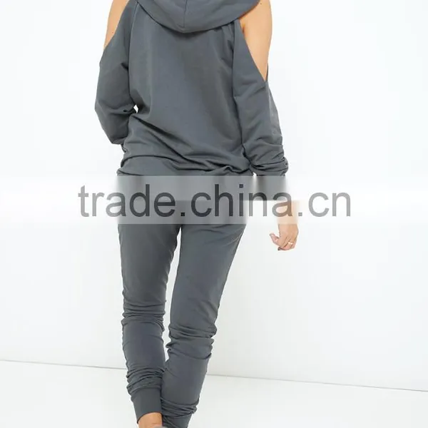 Fashion New Design Sports Sets Cold Shoulder Tops Drawstring Waist Cotton Knit Loungewear High Quality Tracksuits For Adult photo-4