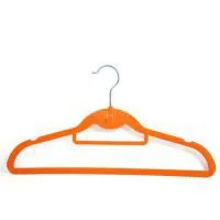 China Supplier New Design Children Orange Satin Padded Velvet Plastic Flocked Hangers With Indent Position