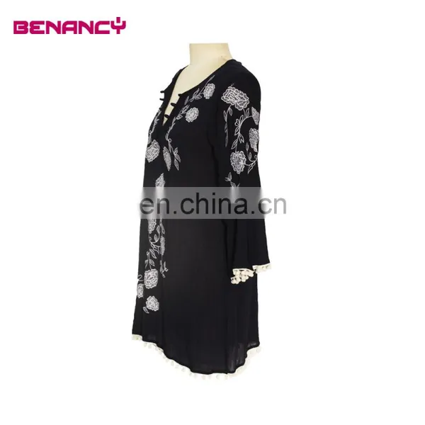 Long Flare Sleeve Contrast Embroidery Ladies Tunic Blouse With Ponpon photo-4