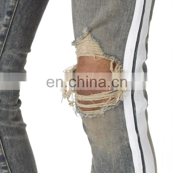 DiZNEW Dirty Indigo White Side Broken Track Ripped Denim Jeans Men photo-5