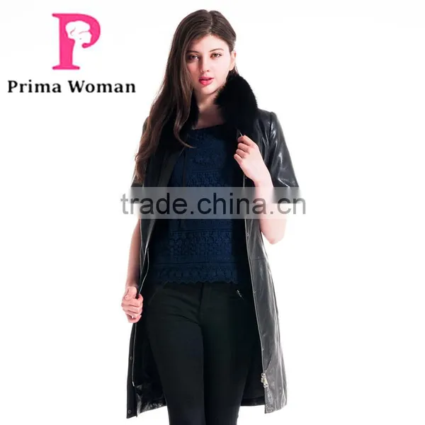 Winter Women Medium Length Slim Fit Leather Coat With Detachable Blue Fox Hat Overcoat photo-4