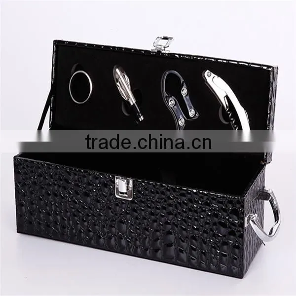 Hot Sale 2 Bottles With Tools And Lock Black Embossing Leather Wine Gift Boxes photo-3