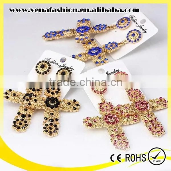 Zhejiang Mix Colors Rhinestone Long Large Cross Earring photo-2