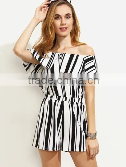 Bodysuits Latest Fashion Design Women Clothing Black and White Striped Off The Shoulder Jumpsuit