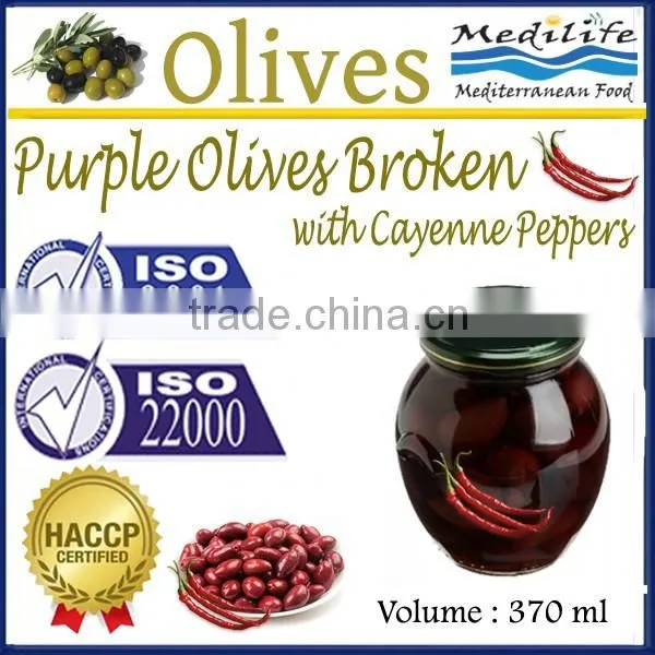 High Quality 100% Tunisian Table Olives,Purple Olives Broken With Cayenne Peppers, Purple Olives 370 ml Glass Jar