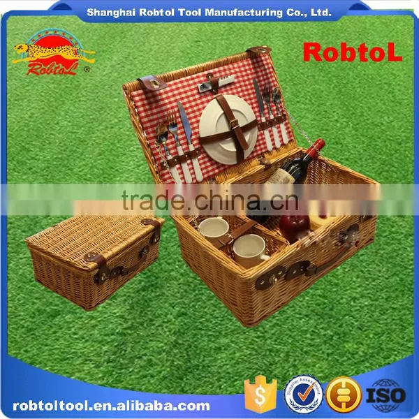 Woven Wicker Willow Picnic Basket Outdoor Hamper Lidded Set Cutlery Dinnerware BBQ Camping Vineyard photo-3