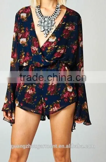 Cheap 2015 Sexy Ladies Long Bell Sleeve Deep V Neck Print Floral Plus Size Loose Short Chiffon Playsuit Romper Jumpsuit photo-6