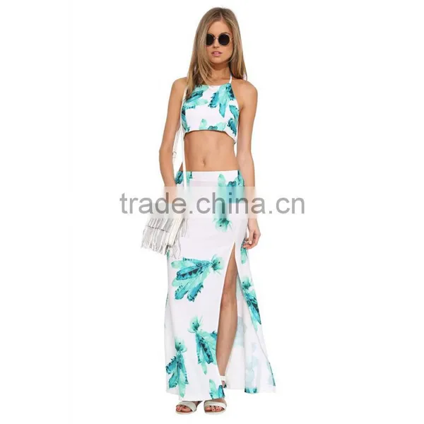 MGOO Top Quality Cheap Price Long Maxi Skirts For Women White Split With Block Print Ladies Skirts 15146B514 photo-3