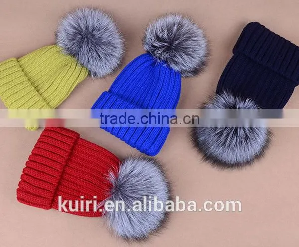 Hot Selling Beanie Hat With Snap and Big Size Silver Fox Fur Ball on Top photo-5