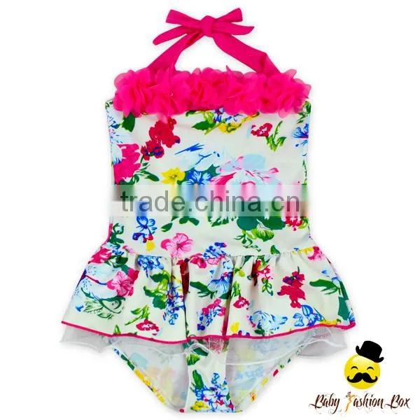 Kids Halter Floral Printed Little Girl Modeling Flower One Piece Swimwear Dress Clothes photo-2