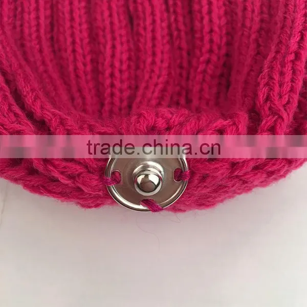 Myfur Hot Pink Rose Winter Wool Knit Hat With Fox Fur Pompom Attached photo-5
