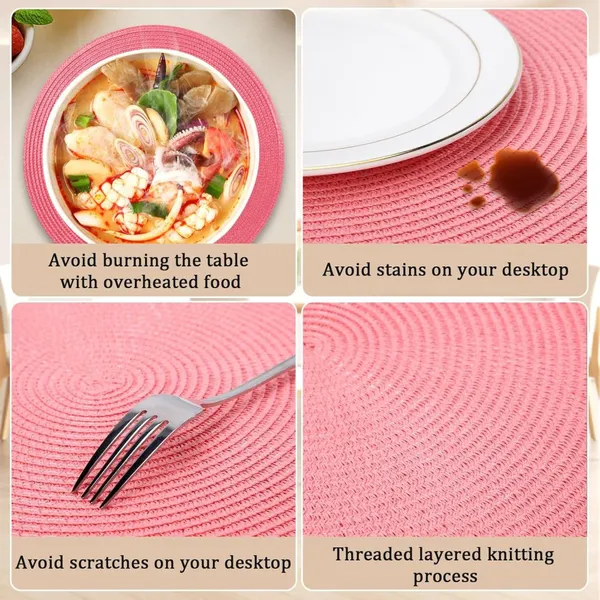 Round Pink Color Braided Placemats 15 Inch for Natural Woven Heat Resistant Place Mats Set of 6 photo-2