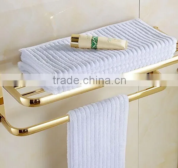 Golden Finish Modern Square Stainless Steel Towel Rack Holder Shelf W/ Towel Bar Hanger photo-2