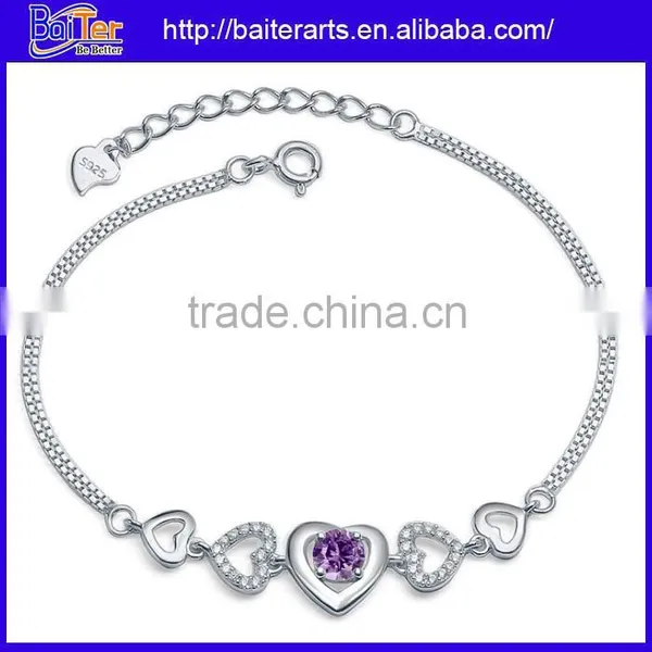 Fashion 925 Sterling Silver Diamond Heart Shaped Tennis Bracelet Heart Bracelet photo-3