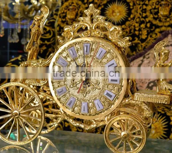 Antique 24K Gold Plated Deer Pulling Cart Table Clock, Marble Base Design Copper Table Clock photo-3