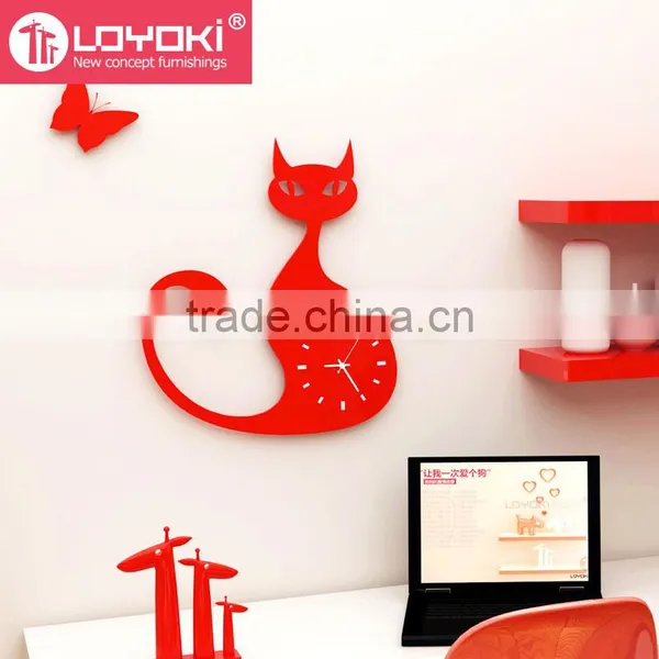 Wall hanging home decorative wall mounted clock new diy design lovely cat shape wooden wall clock