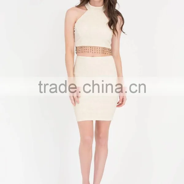 Women Two Piece Set Bead of my Heart Shiny Top and Skirt Set Ladies Formal Skirt and Blouse photo-2