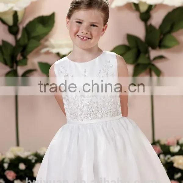 White Satin Round Neck Flower Baby Gown Girls Dress photo-2