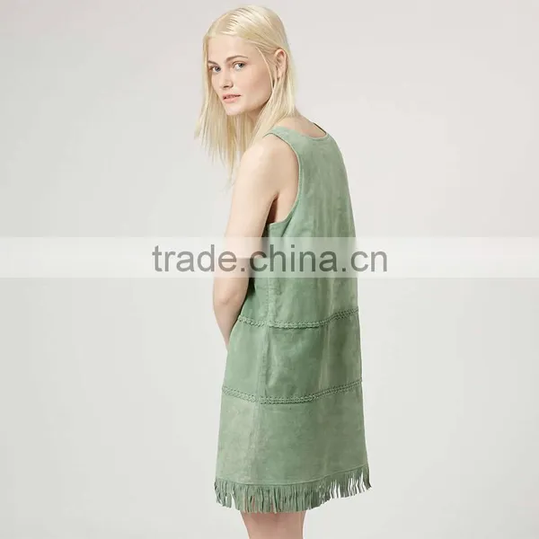 Mint Green Sleeveless Fringed Braided Suede Shift Dress photo-2