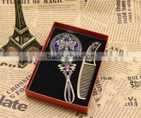 Retro Rhinestone Ladies Makeup Compact Pock Hand Held Mirror Hair Comb Set photo-5