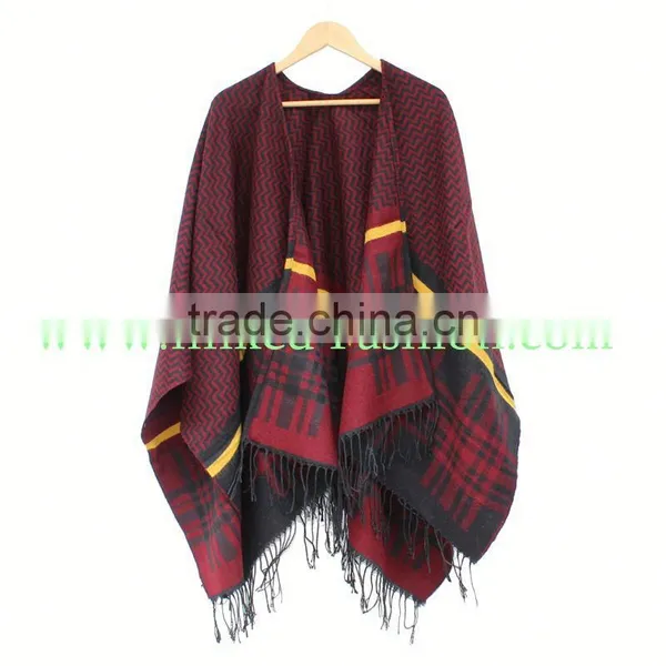 Women Winter Grid Check Tartan Poncho Cape Coat Reversible Scarf Shawl photo-3