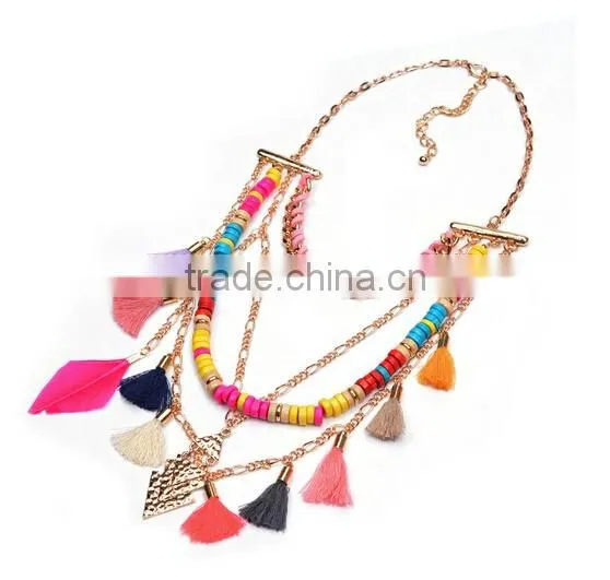 Fashion National Style Mutil Chain Tassels Colorful Beads Chunky Choker Necklace Jewelry photo-2