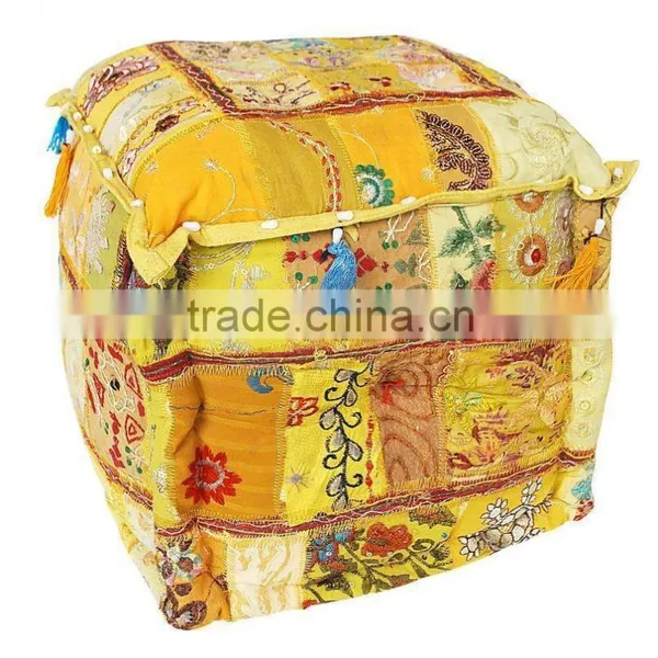 ARTHPF-16 Home Furnishing Yellow Decorative Soft Khambadia Square Patchwork Embroidered Ottomans Poufs Supplier Manufacturer