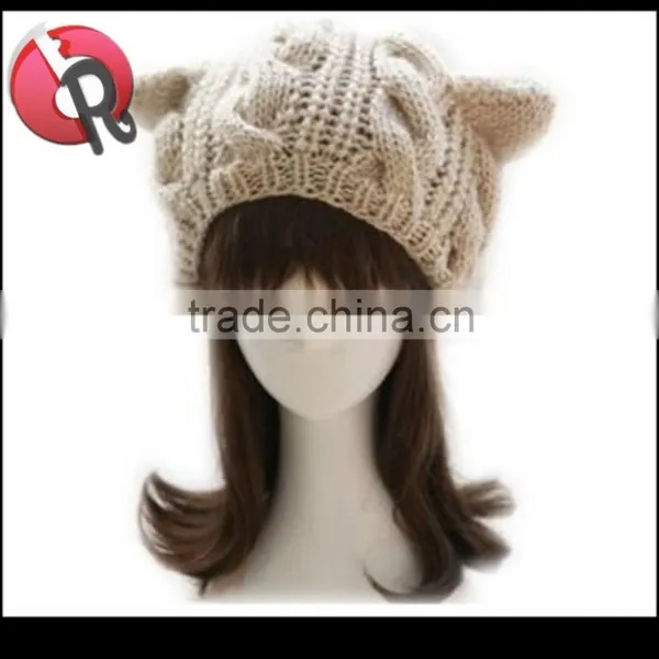 1x Braided Women Winter Warm Beanie Devil Horns Cat Ear Crochet Knit Ski Cap Hat photo-3