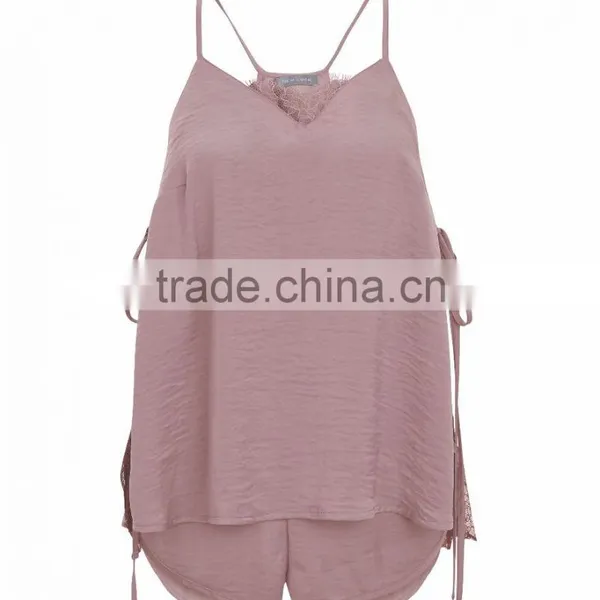 New Arrival Straps Nightwear Pink Sateen Eyelash Lace Pyjamas Set Vest and Shorts Casual Fit Sleepwear For Women photo-6