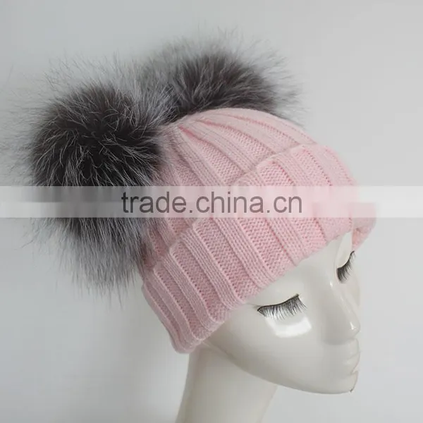 Myfur Baby Pink Wool Ribbed Knit Hat With Removable Silver Fox Fur Pom Poms photo-3