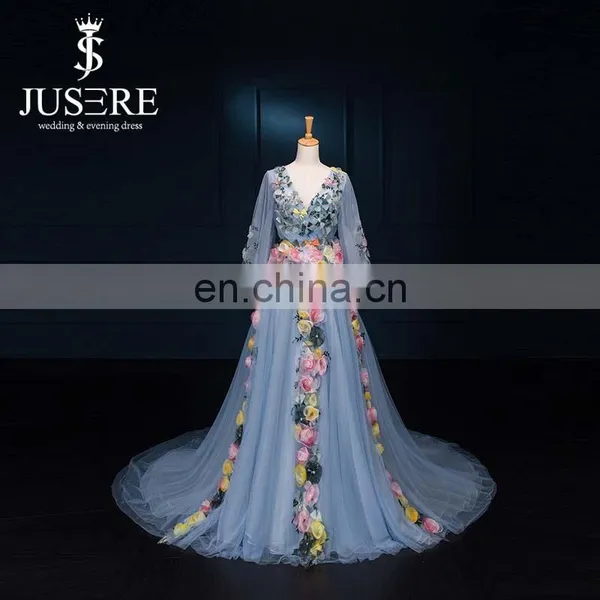 Latest Designer Celebrity Dress V-neck Handmade Flowers Feathers Appliqued Sheer Long Sleeve Zuhair Murad Evening Dress 2015