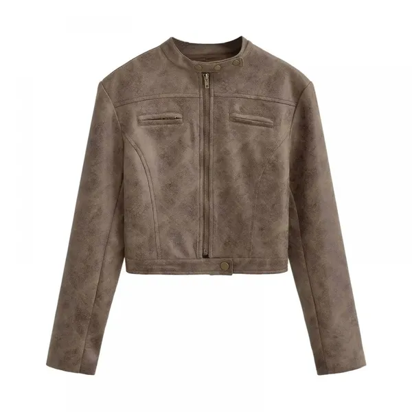 American INS High Street Retro Short Slim Motorcycle Jacket for Women in 2025 Autumn Vintage Color Leather Jacket and Suede Jacket photo-2