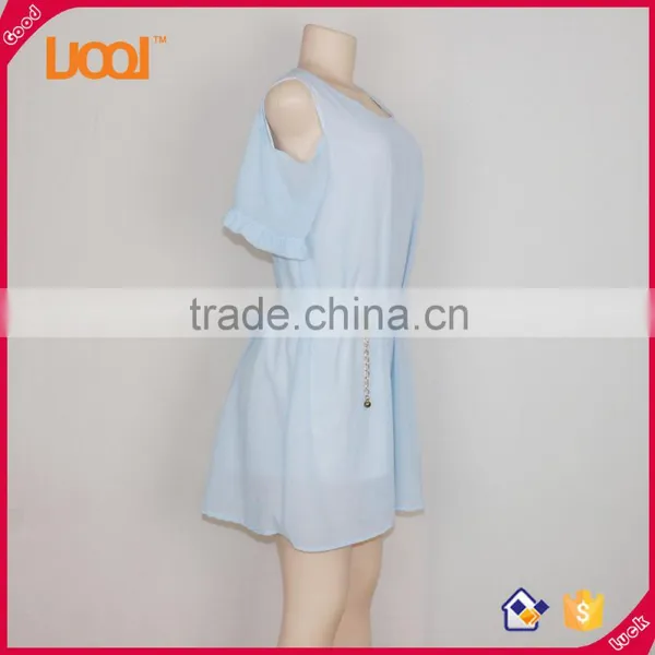 New Fashion Short Sleeve Women Sexy Blue Chiffon Dress Casual Dress 2016 photo-2
