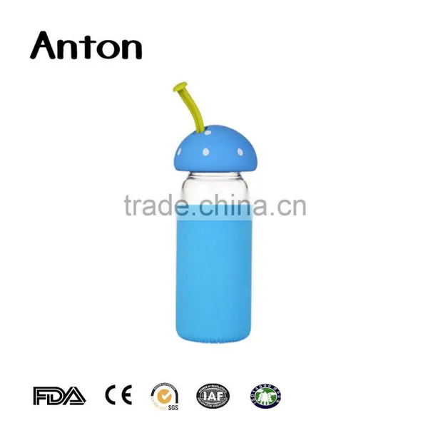 13oz Clear Round Empty Glass Water New Design Glass Water Bottle With Mushroom Shape Lid photo-4