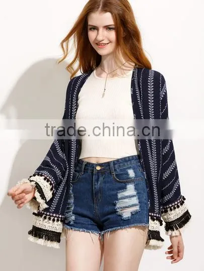 Kimonos Latest Fashion Design Women Clothing Navy Print Pom-pom Fringe Hem Long Sleeve Kimono