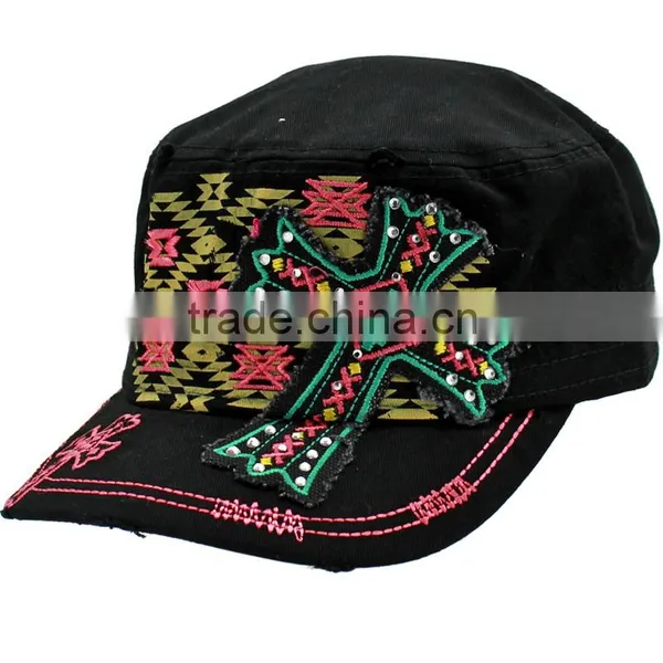 Hot Pink Rhinestone Studded Cross Cadet Style Western Cowgirl Caps photo-3
