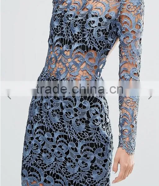 Good Quality Fashion Petrol Blue Bandeau Underlay Kick Split Lace Open Back Dress photo-5
