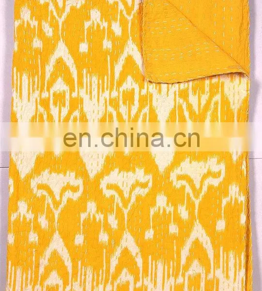 Yellow Ikat Queen Kantha Quilt Ikat,Indian Sari Queen Bedding Blanket photo-2